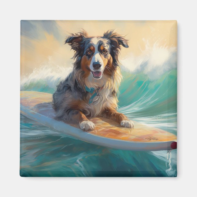 Australian Shepherd Beach Surfing Painting Magnet (Vorne)