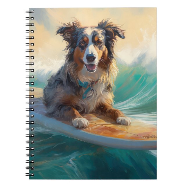 Australian Shepherd Beach Surfing Painting Notizblock (Vorderseite)