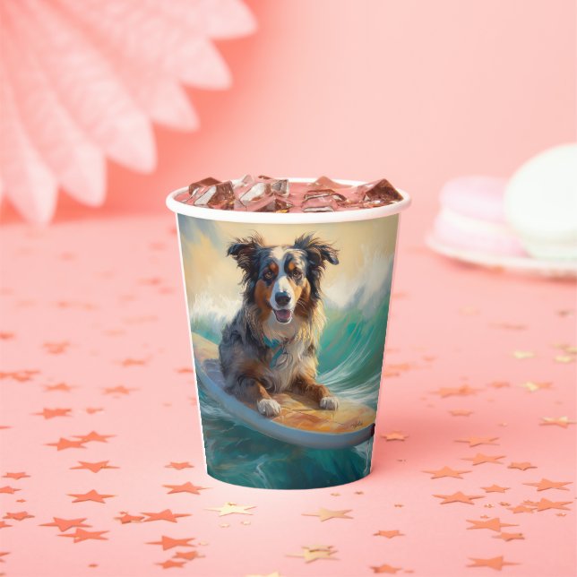 Australian Shepherd Beach Surfing Painting Pappbecher (Insitu)