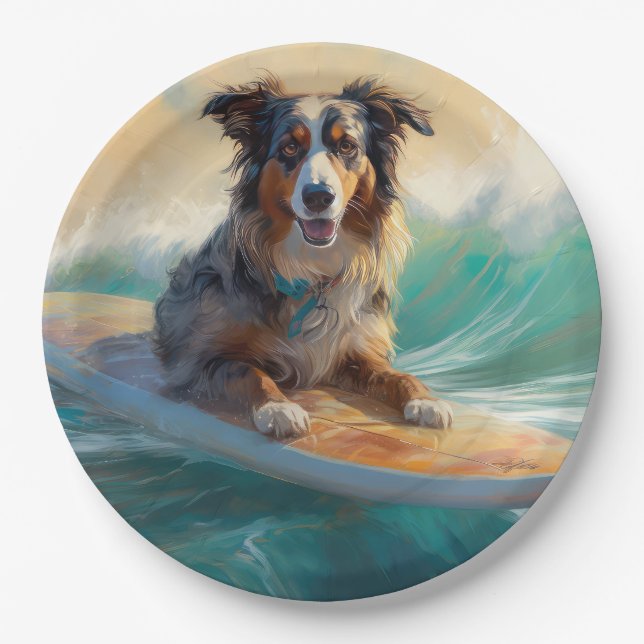Australian Shepherd Beach Surfing Painting Pappteller (Vorderseite)