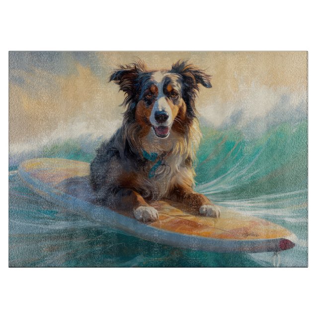Australian Shepherd Beach Surfing Painting Schneidebrett (Vorderseite)