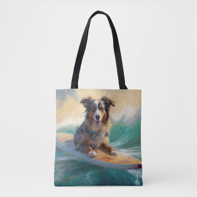 Australian Shepherd Beach Surfing Painting Tasche (Vorderseite)