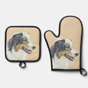 Australian Shepherd Black Tri Painting Dog Art Ofenhandschuh & Topflappen-Set
