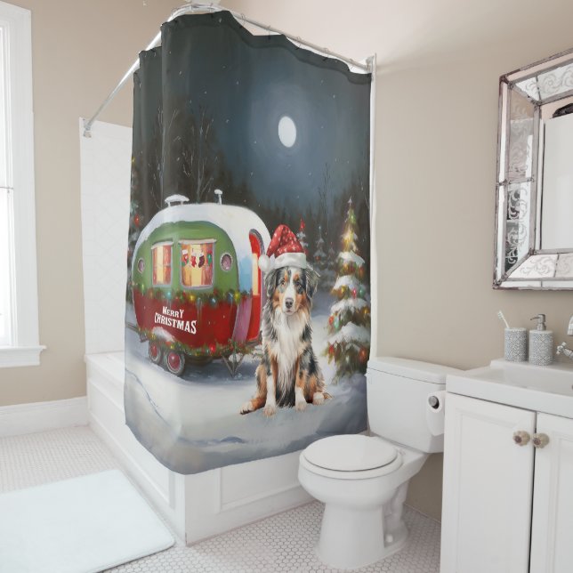 Australian Shepherd Caravan Christmas Adventure Duschvorhang (Beispiel)