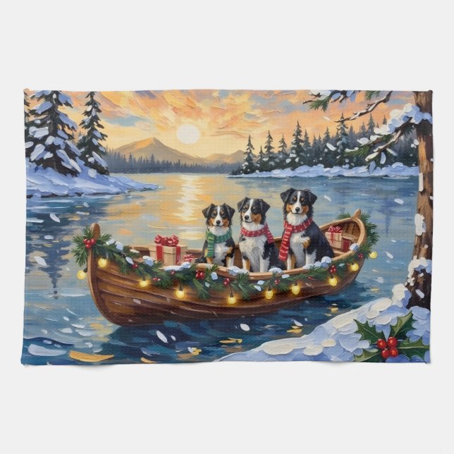 Australian Shepherd Christmas Boat Holiday Geschirrtuch (Horizontal)