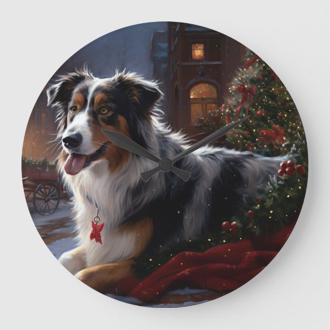 Australian Shepherd Christmas Festive Season Große Wanduhr (Vorderseite)