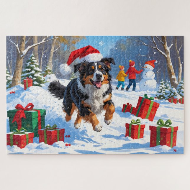 Australian Shepherd Christmas Festive Snow Scene (Horizontal)