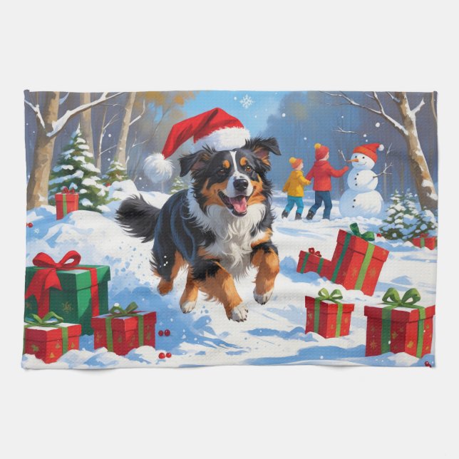 Australian Shepherd Christmas Festive Snow Scene Geschirrtuch (Horizontal)
