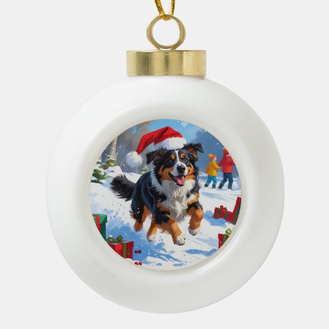Australian Shepherd Christmas Festive Snow Scene Keramik Kugel-Ornament (Vorderseite)