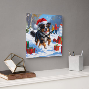 Australian Shepherd Christmas Festive Snow Scene Quadratische Wanduhr