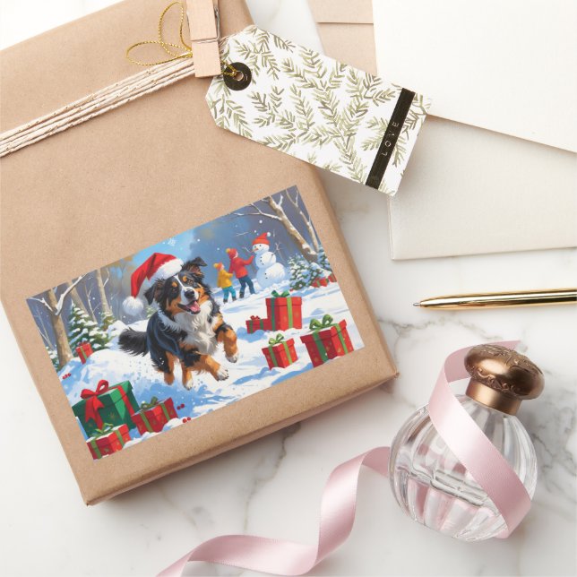 Australian Shepherd Christmas Festive Snow Scene Rechteckiger Aufkleber (Schenken)