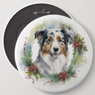 Australian Shepherd Christmas Wreath Festive Pup Button