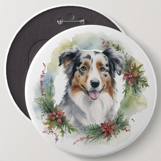 Australian Shepherd Christmas Wreath Festive Pup Button (Vorne & Hinten)