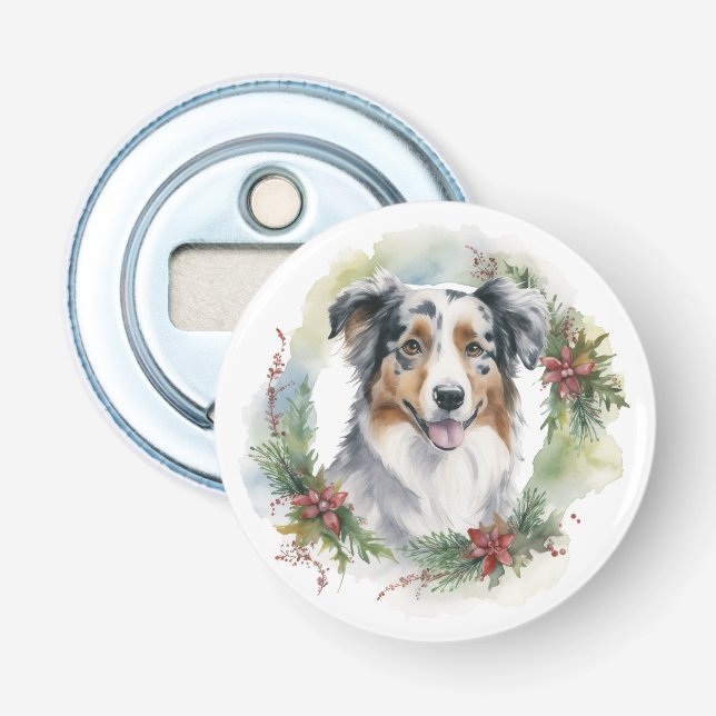 Australian Shepherd Christmas Wreath Festive Pup Flaschenöffner (Vorderseite)