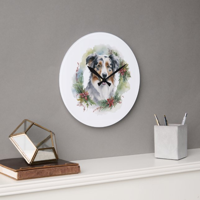 Australian Shepherd Christmas Wreath Festive Pup Große Wanduhr (Büro)