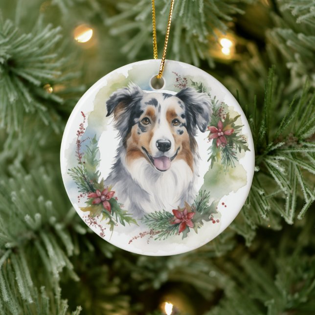 Australian Shepherd Christmas Wreath Festive Pup Keramik Ornament (Baum)