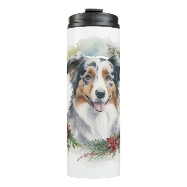 Australian Shepherd Christmas Wreath Festive Pup Thermosbecher (Vorderseite)