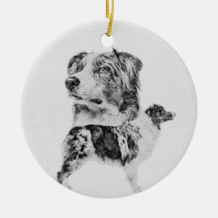 Australian Shepherd dog - Aussie pencil sketch Keramik Ornament