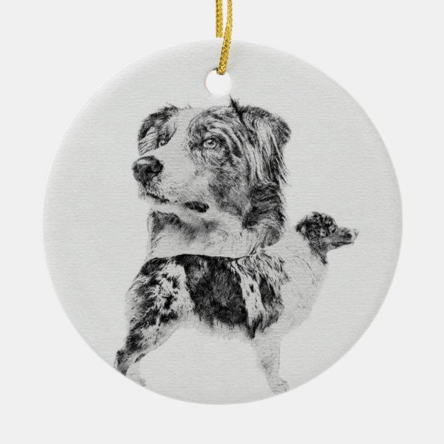 Australian Shepherd dog - Aussie pencil sketch Keramik Ornament (Vorne)