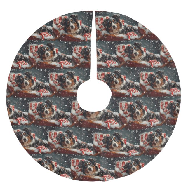 Australian Shepherd Dog Christmas Festive Polyester Weihnachtsbaumdecke (Vorderseite)