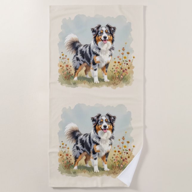 Australian Shepherd Dog Merle Long Schwanz Strandtuch (Vorderseite)