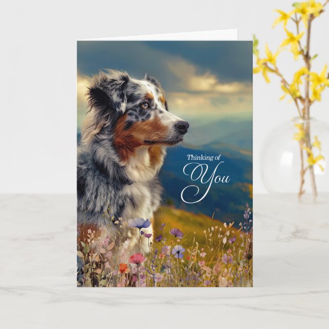 Australian Shepherd Dog Mountains Thinking of You Karte (Gelbe Blume)