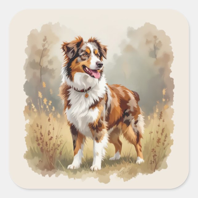 Australian Shepherd Dog Red Merle Aussie Quadratischer Aufkleber (Vorderseite)