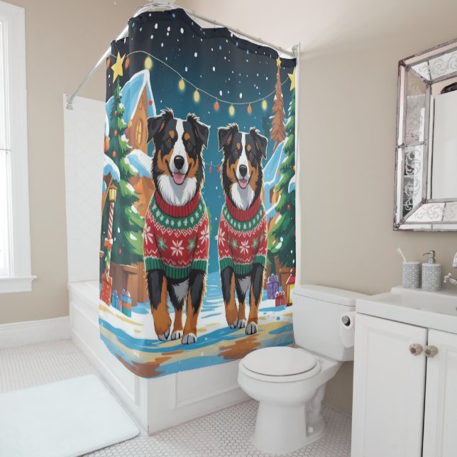 Australian Shepherd Dogs Christmas Snow Holiday Duschvorhang (Beispiel)