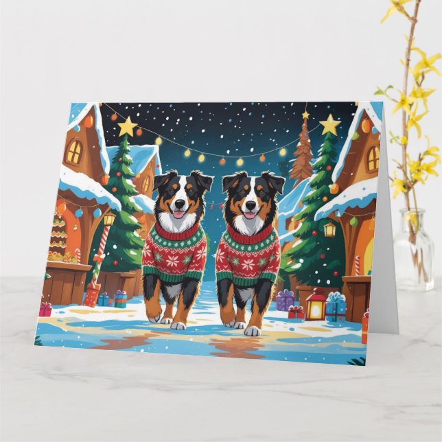 Australian Shepherd Dogs Christmas Snow Holiday Karte (Gelbe Blume)