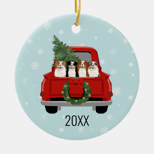 Australian Shepherd Dogs Red Truck Weihnachten Keramik Ornament (Vorne)