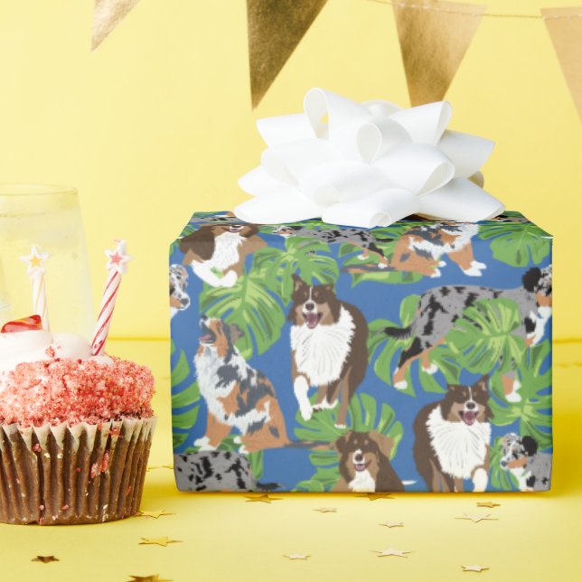 Australian Shepherd Dogs Tropical Blätter Geschenkpapier (Geburtstagsparty)