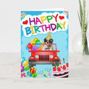 Australian Shepherd Driving with Balloon Birthday Karte
