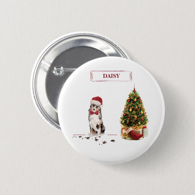 Australian Shepherd Funny Christmas Dog with Tree Button (Vorne & Hinten)
