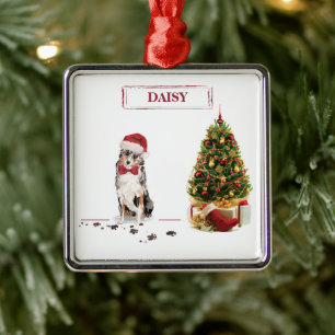 Australian Shepherd Funny Christmas Dog with Tree Ornament Aus Metall