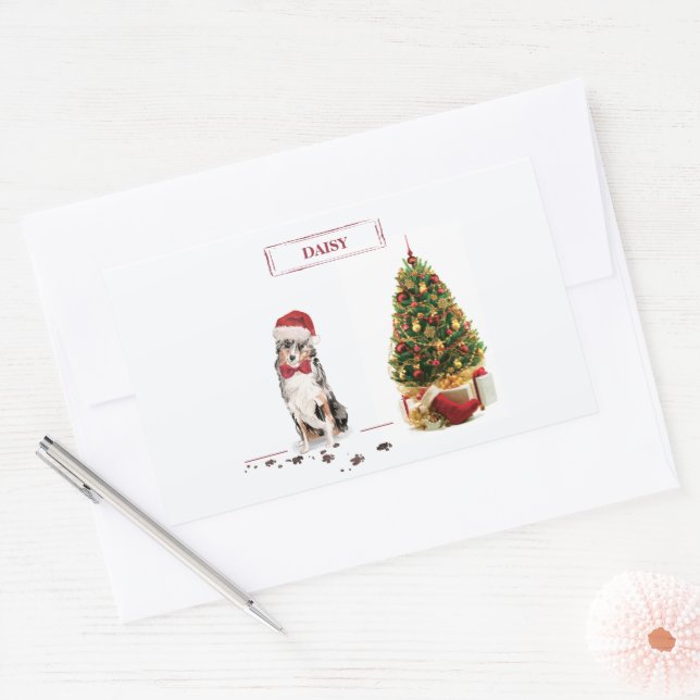 Australian Shepherd Funny Christmas Dog with Tree Rechteckiger Aufkleber (Umschlag)