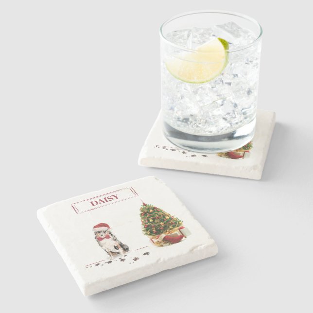 Australian Shepherd Funny Christmas Dog with Tree Steinuntersetzer (Seitenansicht)