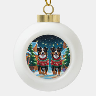 Australian Shepherd Hunde Weihnachten Schnee Urlau Keramik Kugel-Ornament