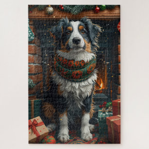 Australian Shepherd mit Weihnachtsgeschenken Kamin