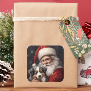 Australian Shepherd mit Weihnachtsmann Weihnachten Quadratischer Aufkleber