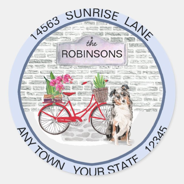 Australian Shepherd Moving Bicycle - Neue Adresse Runder Aufkleber (Vorderseite)