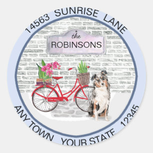 Australian Shepherd Moving Bicycle - Neue Adresse Runder Aufkleber