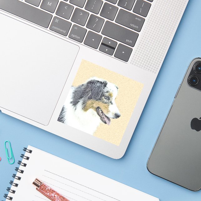 Australian Shepherd Painting - Original Dog Art Aufkleber (Laptop mit iPhone)