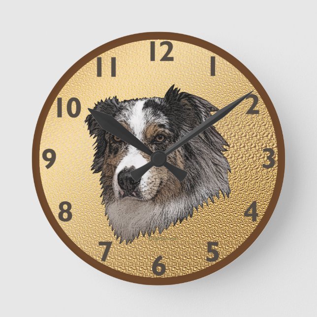Australian Shepherd Portrait Runde Wanduhr (Vorderseite)