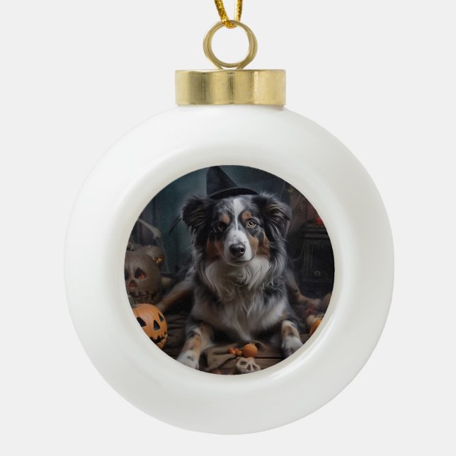 Australian Shepherd Pumpkins Halloween Beängstigen Keramik Kugel-Ornament (Vorderseite)