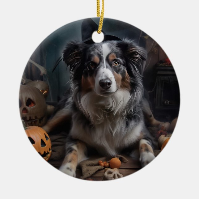 Australian Shepherd Pumpkins Halloween Beängstigen Keramik Ornament (Vorne)