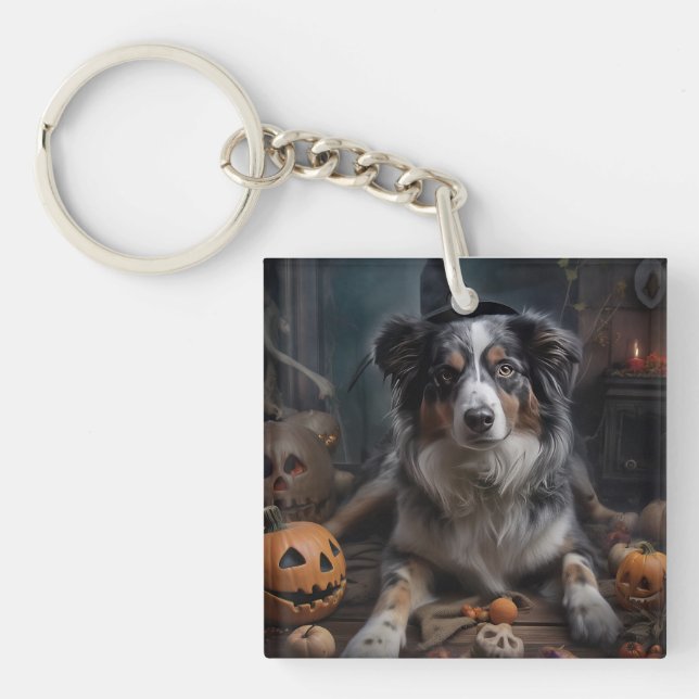 Australian Shepherd Pumpkins Halloween Beängstigen Schlüsselanhänger (Vorderseite)