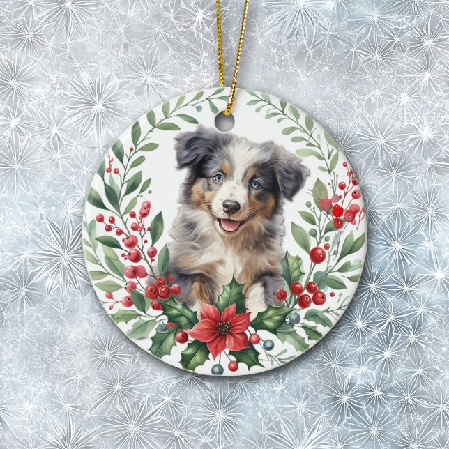 Australian Shepherd Puppy Poinsettia Wreath Keramik Ornament (Von Creator hochgeladen)