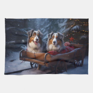 Australian Shepherd Snowy Sleigh Weihnachtsdekor Geschirrtuch