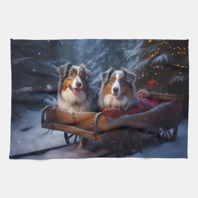 Australian Shepherd Snowy Sleigh Weihnachtsdekor Geschirrtuch (Horizontal)