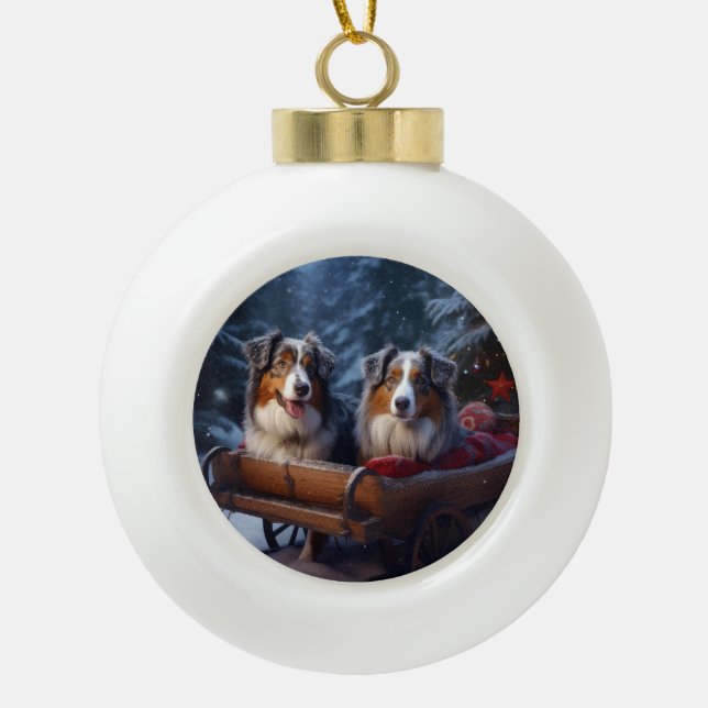 Australian Shepherd Snowy Sleigh Weihnachtsdekor Keramik Kugel-Ornament (Vorderseite)